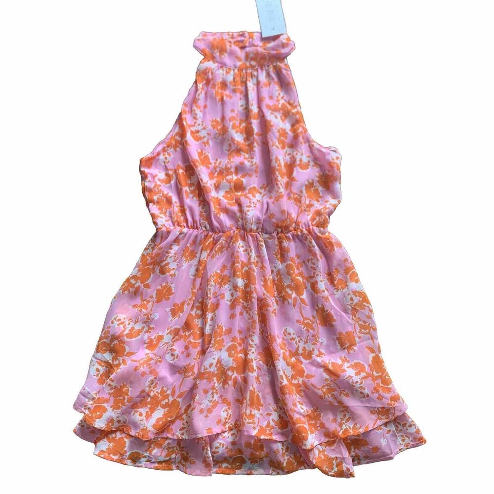 NWT Women Sienna Sky Orange Pink Sheer Lined Floral Dress Fit &Flare Dress Small